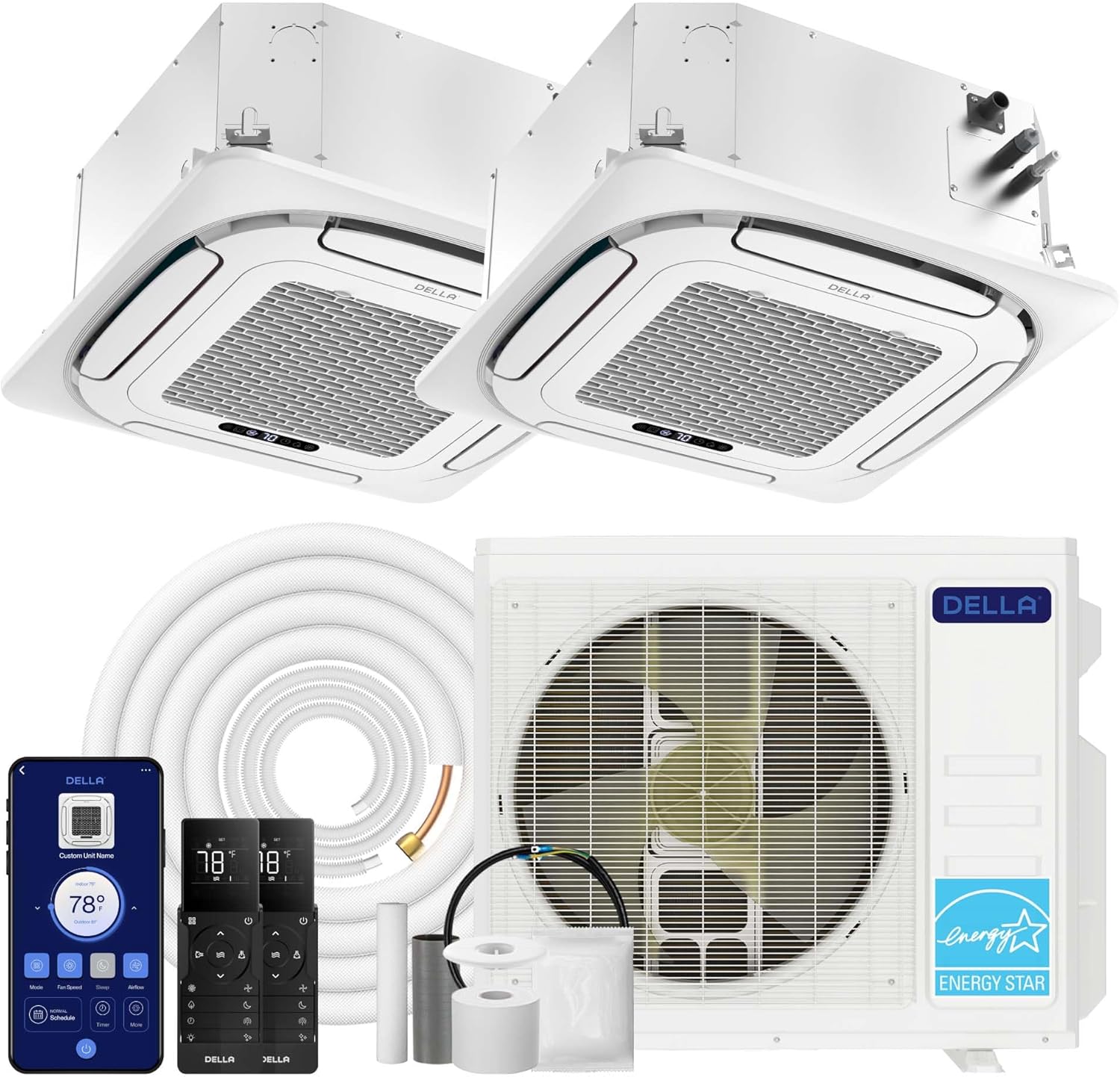 DELLA 27000 BTU 2 Zone (9K+12K) Ceiling Cassette Mini Split AC, Covers 950 Sq.Ft, Energy Star, 24 SEER2, 230V, Ultra Heat -13℉, 8-way 360° Airflow, Work with Alexa, Pre-Charged Heat Pump, 25ft Kit