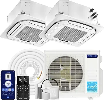 DELLA 27,000 BTU 2 Zone (12K+18K) Ceiling Cassette Mini Split AC, Ultra Heat -13℉, 8-way 360° Airflow, Covers 1550 Sq.Ft, Energy Star, 24 SEER2, 230V, Work with Alexa,Pre-Charged Heat Pump,25ft Kit