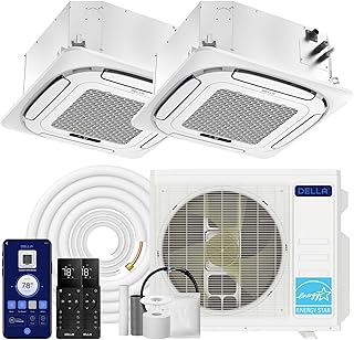 DELLA 27,000 BTU 2 Zone (9K+12K) Ceiling Cassette Mini Split AC, Ultra Heat -13℉, 8-way 360° Airflow, Covers 950 Sq.Ft, Energy Star, 24 SEER2, 230V, Work with Alexa, Pre-Charged Heat Pump, 25ft Kit