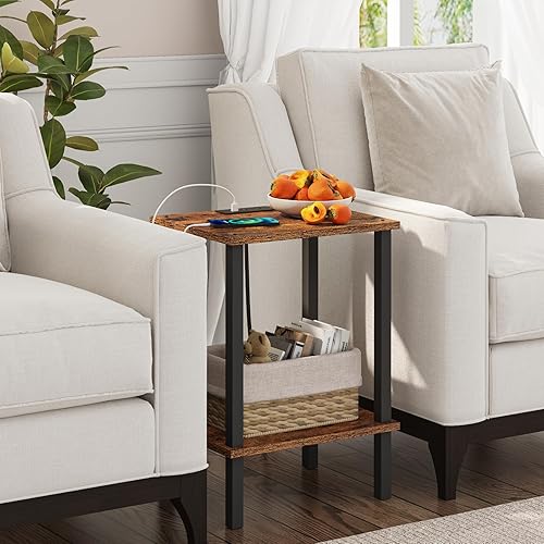 Miniatura 4 de TUTOTAK Mesa auxiliar con estación de carga, mesa auxiliar con puertos USB y tomacorrientes, mesita de noche, estante de almacenamiento de 2