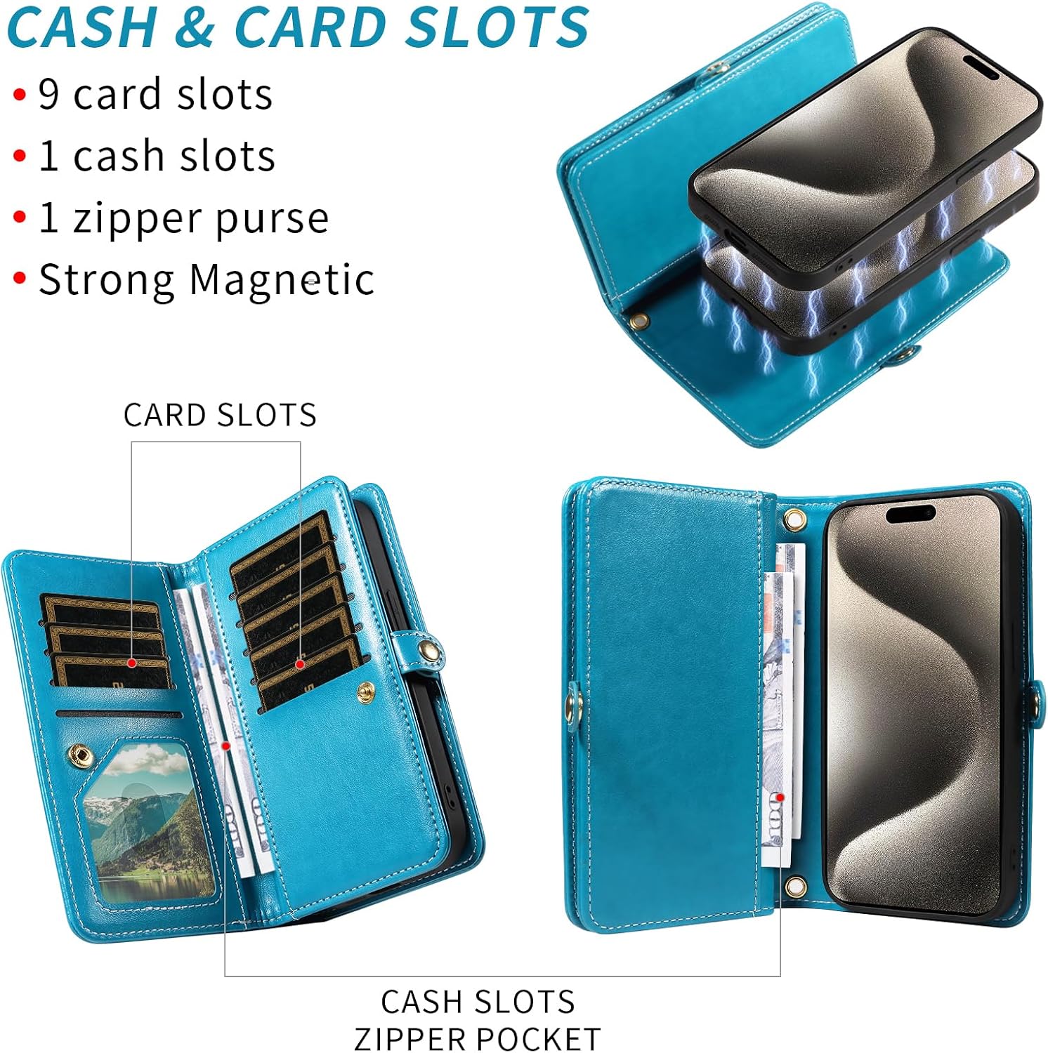 Asuwish Phone Case for iPhone 15 Pro Max 6.7 inch Zipper Wallet Detachable Cell Cover with Tempered Glass Screen Protector Strap Flower Card Holder i Phone15 15Pro i15 ProMax 15ProMax Women Girls Blue