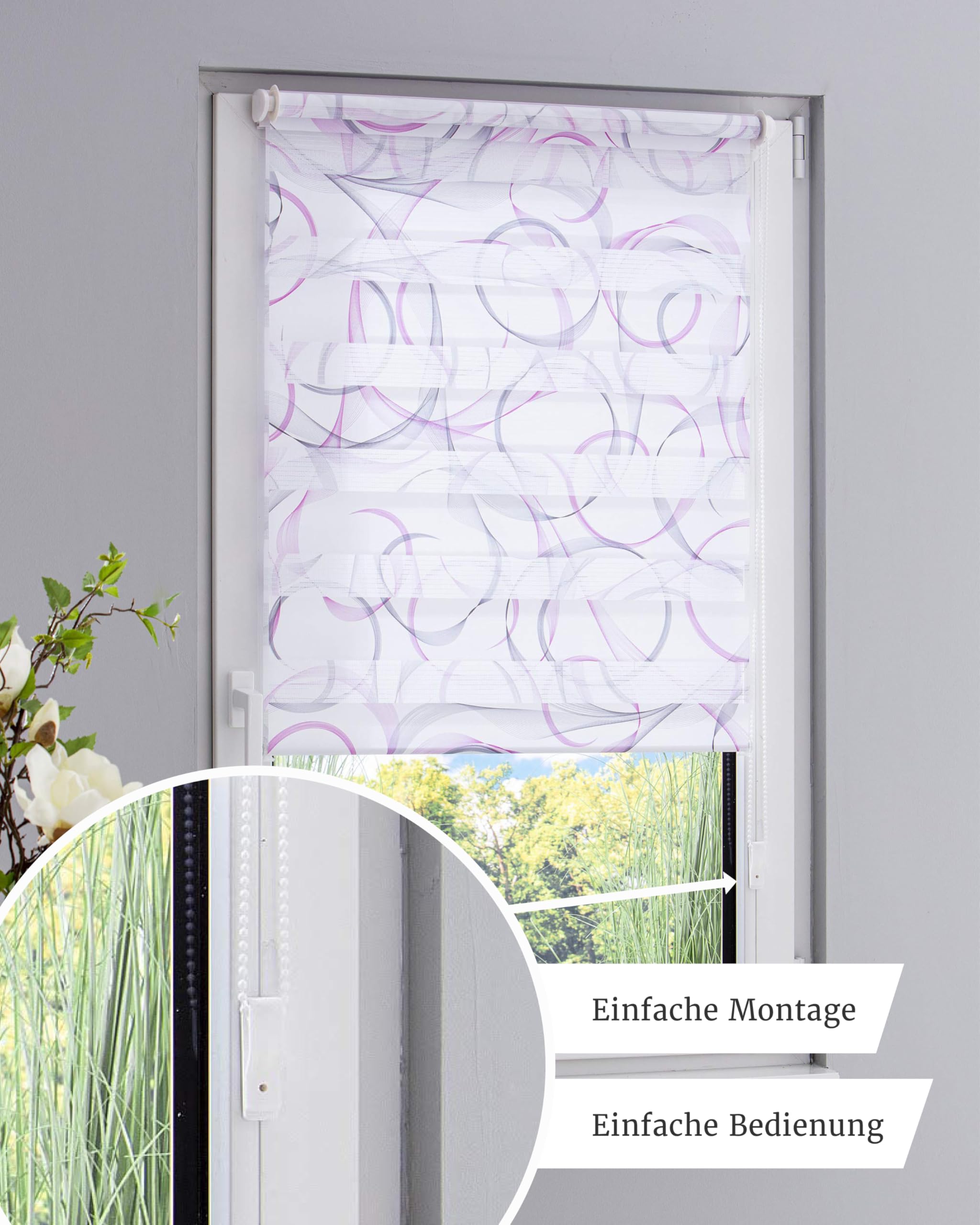 by Garesa Duo Rollo Swing - Doppelrollo Klemmfix ohne Bohren 90 x 150 cm, Weiß/Grau/Fuchsia - Fenster Sichtschutz und Lichtschutz, Bedienung mit Kettenzug