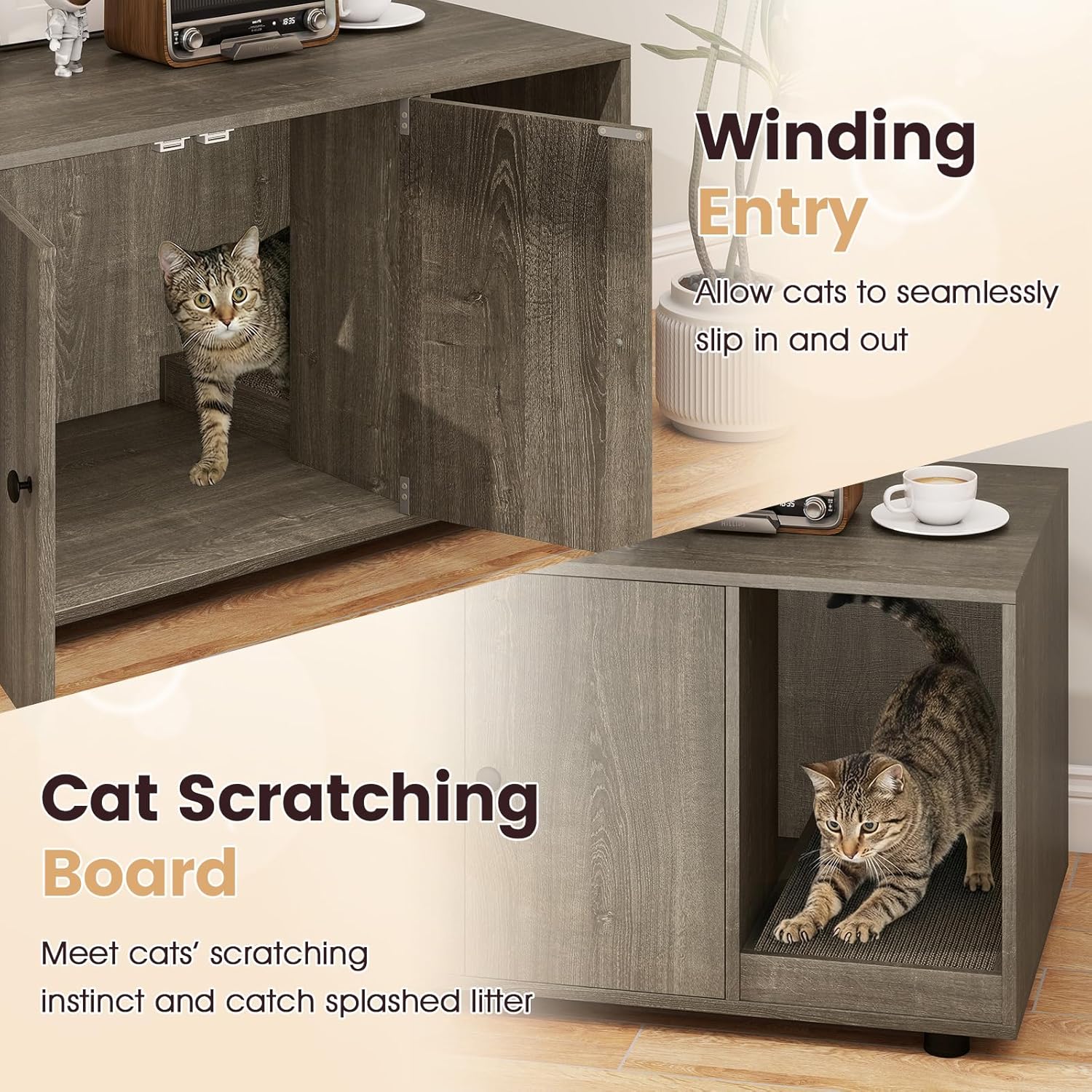Tangkula Cat Litter Box Enclosure, Hidden Litter Box Furniture with Scratching Board, Double Doors, Modern Indoor Cat House End Table, Wooden Cat Washroom Cabinet (Oak Gray)