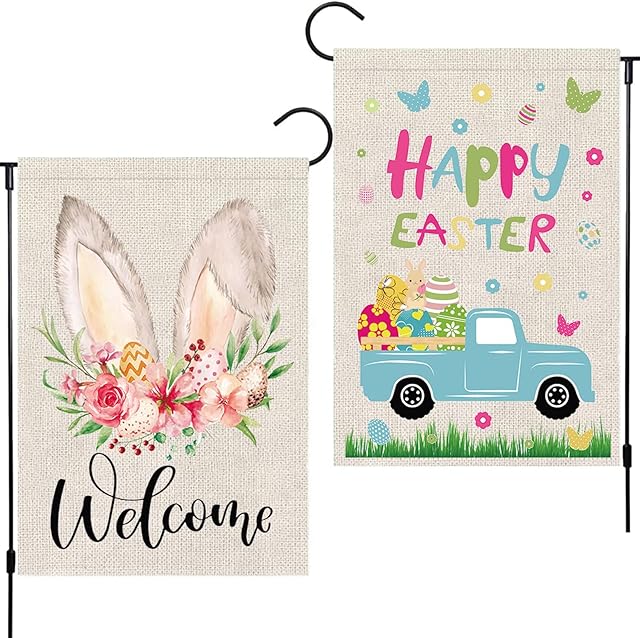 Adisno 2 Pieces Easter Garden Flag, Double Sided Burlap Garden Flag, Easter Spring Garden Flag, Colorful Eggs, Rabbit Vertical Yard Sign for Home Outdoor Indoor Decoration (Flagpole Not Included)