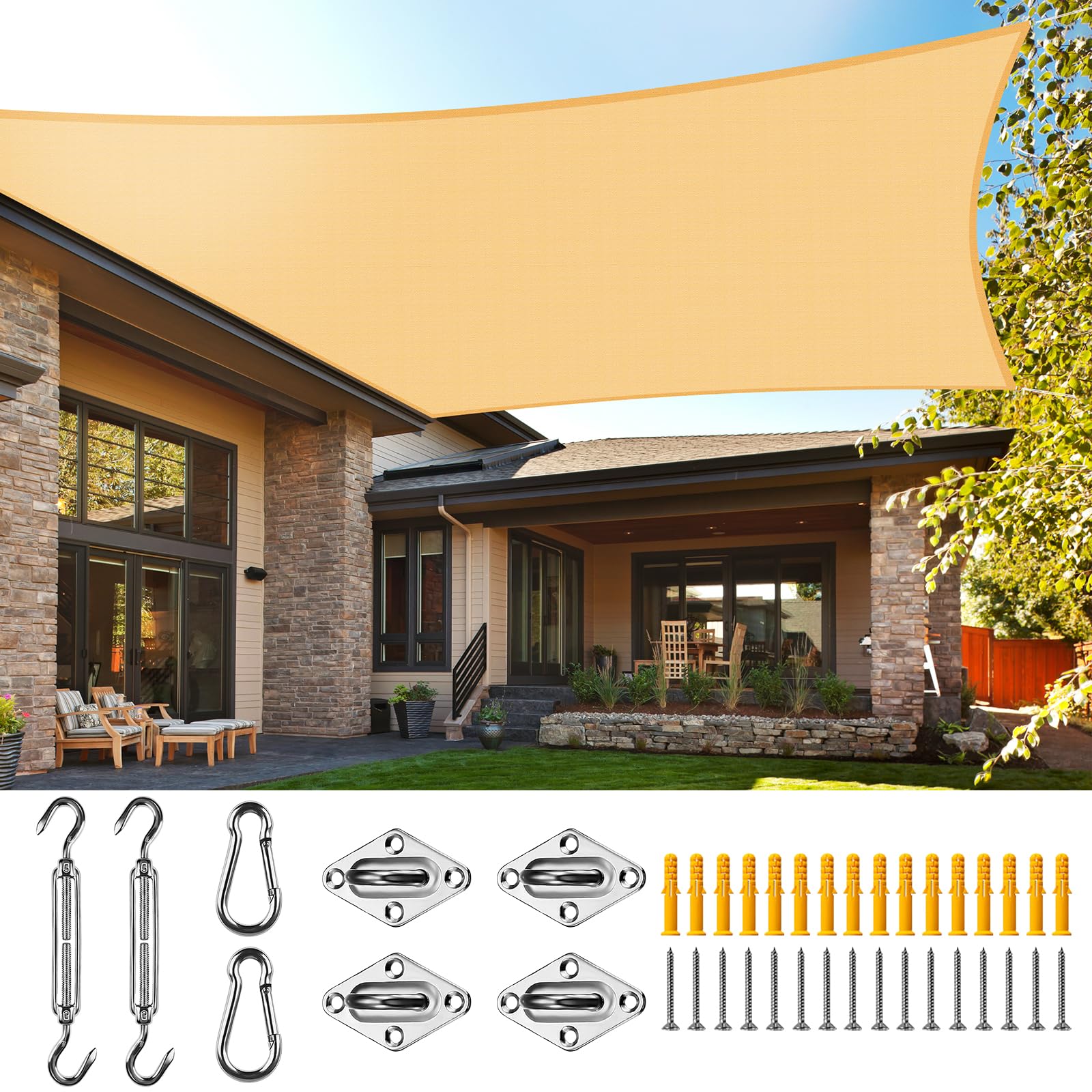 UIRWAY Toldo Vela con Kits de Montaje, 3x4 m Rectangular Vela de Sombra, Transpirable, Resistente al 95% Rayos UV para Exterior, Patio, Jardín, Terrazas (Arena)