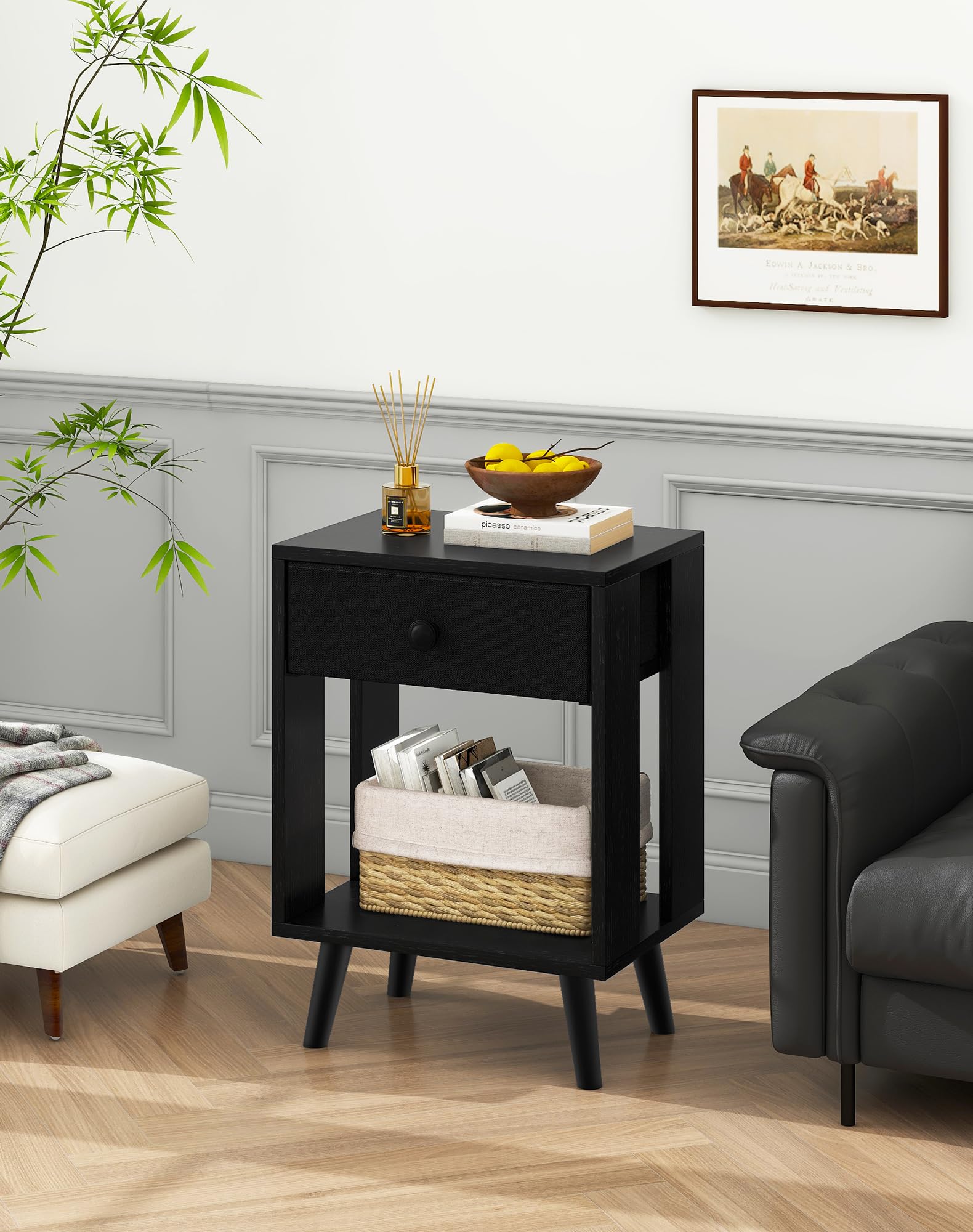 YMYNY Table de Chevet, Lot de 2, Table d'Appoint, Commode de Chevet, Tiroir en Tissu, Étagère Ouverte, Pieds Massifs en Bois, Moderne, Structure Simple, pour Chambre, Salon, Noir HST012B-2