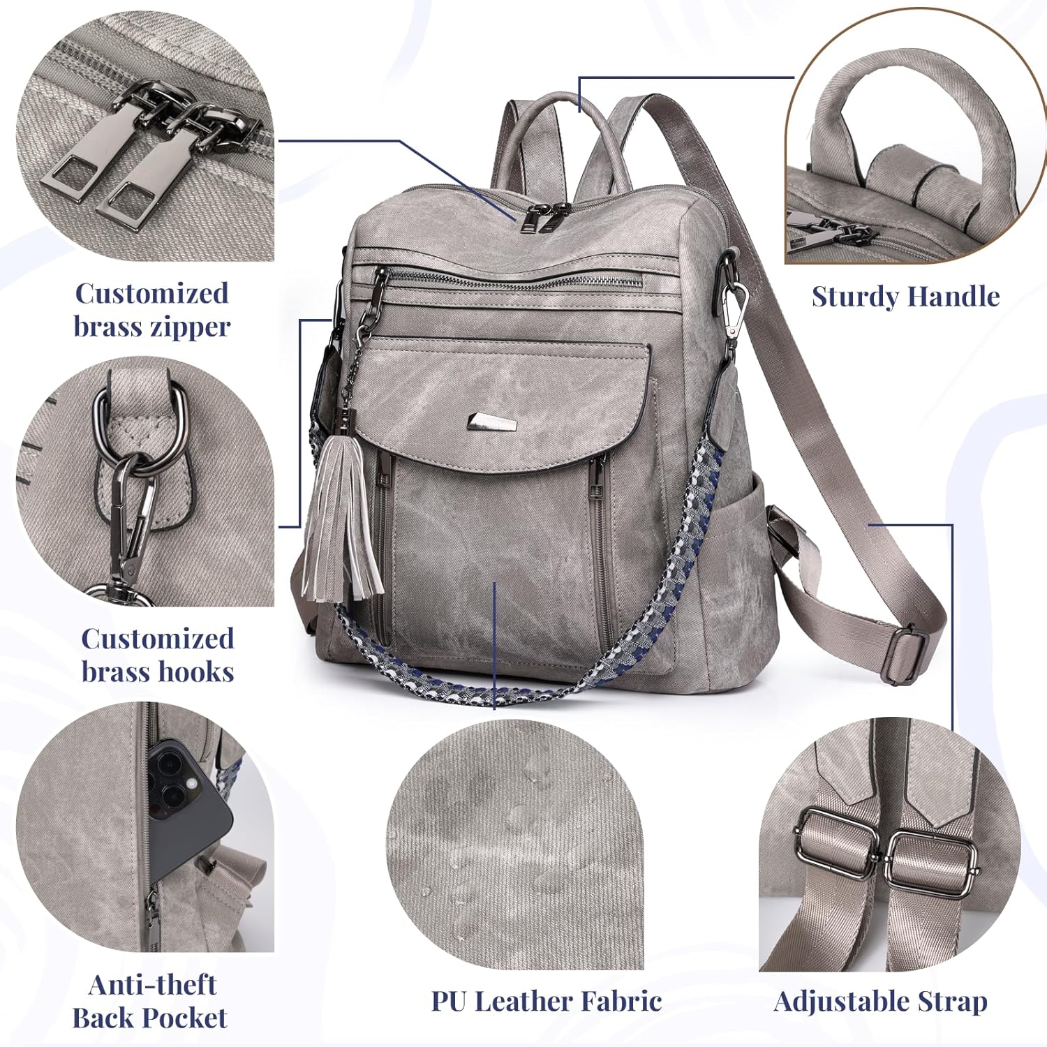 PU Leather Small Backpack for Women | Fashion Tassel Ladies Small Diaper Bag - Mini Backpack Purse Suitable for Travel, College, Customs Clearance (Gray) - Image 6