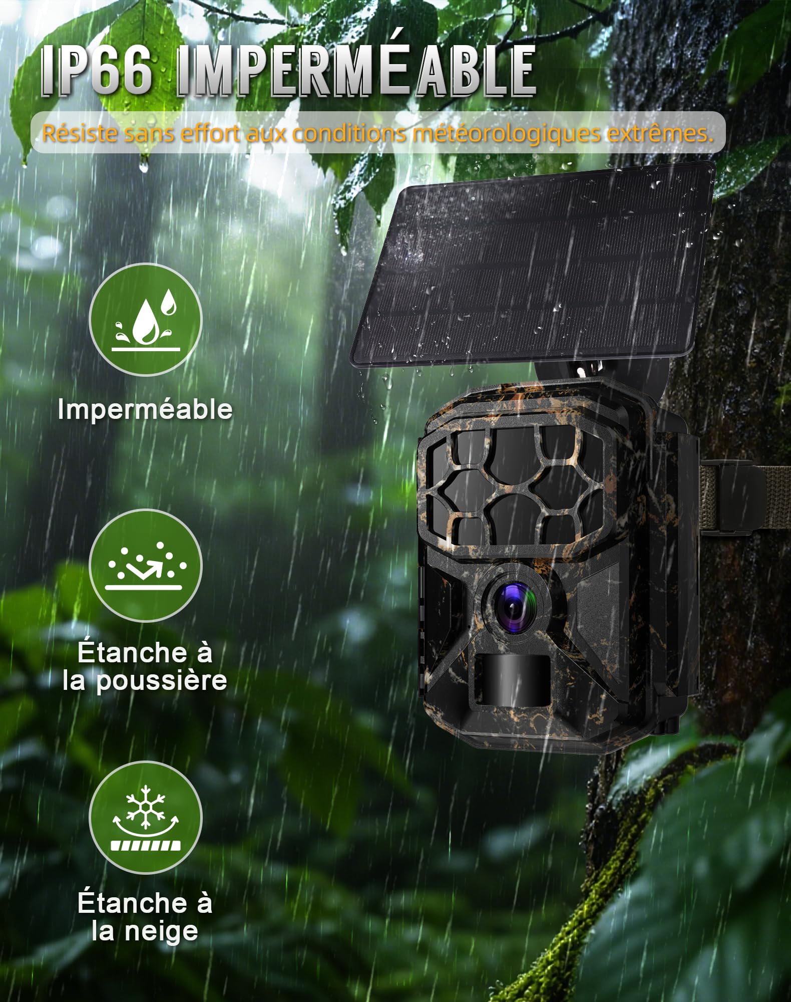 Caméra de chasse - Solaire 8K 60MP WiFi camera animaux,activation par mouvement en 0,1 seconde, portée de détection de 19,8 mètres, vision nocturne HD sans émission de lumière, résistance à l'eau IP66