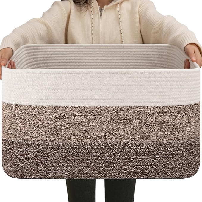 OIAHOMY Large Blanket Basket, 22”x17”x12” Rectangle Woven Baskets, Nursery Blanket Storage Living Room, Toy Storage With Handle, Large Baskets for Organizing-Grey/White