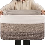 OIAHOMY Large Blanket Basket For Living Room, Rectangle Woven Baskets for Storage, Nursery Toy Storage With Handle-22x17x12-Gradient Dark Brown