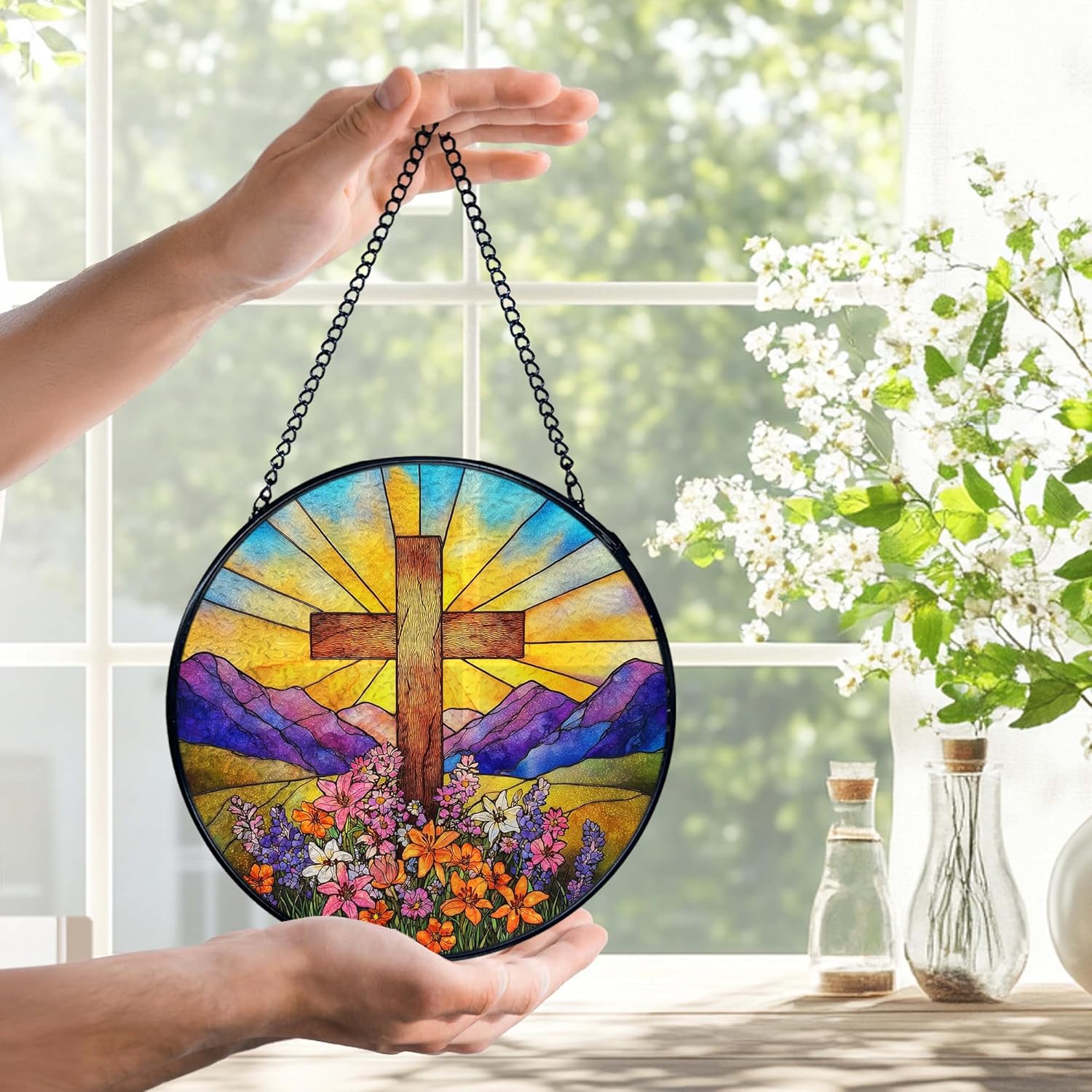Cross Flower Suncatchers Stained Glass Window Hanging, Christian Wildflower Landscape Sun Catchers Indoor Window Glass Round Wall Decor, 7.9x7.9in - Image 6