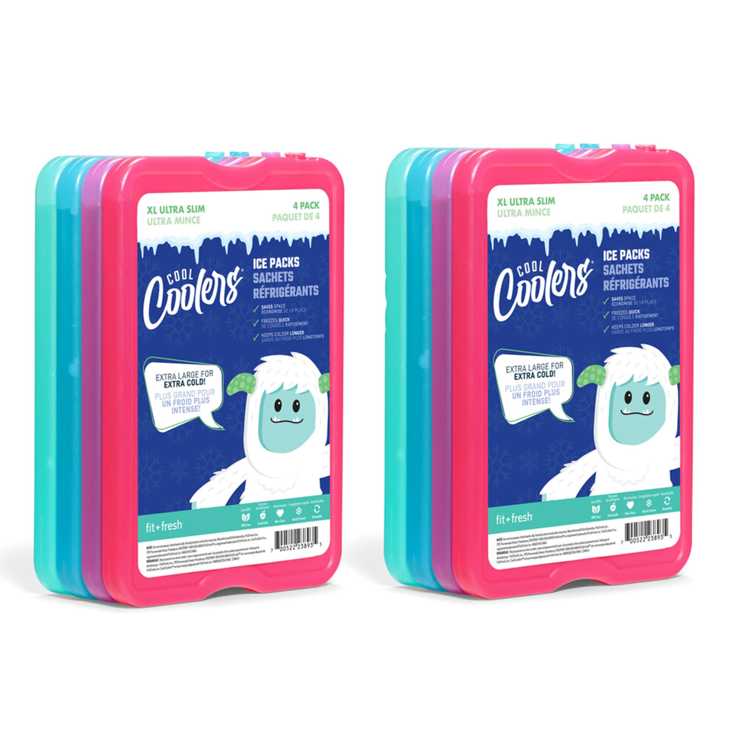 Cool Coolers by Fit & Fresh, Reusable & Long-Lasting XL Slim Ice Packs, Cold Packs for Cooler,Freezer Packs for Lunch Boxes Cooler Accessories for Lunch, Camping, Beach, and Work, 8PK, Multicolored