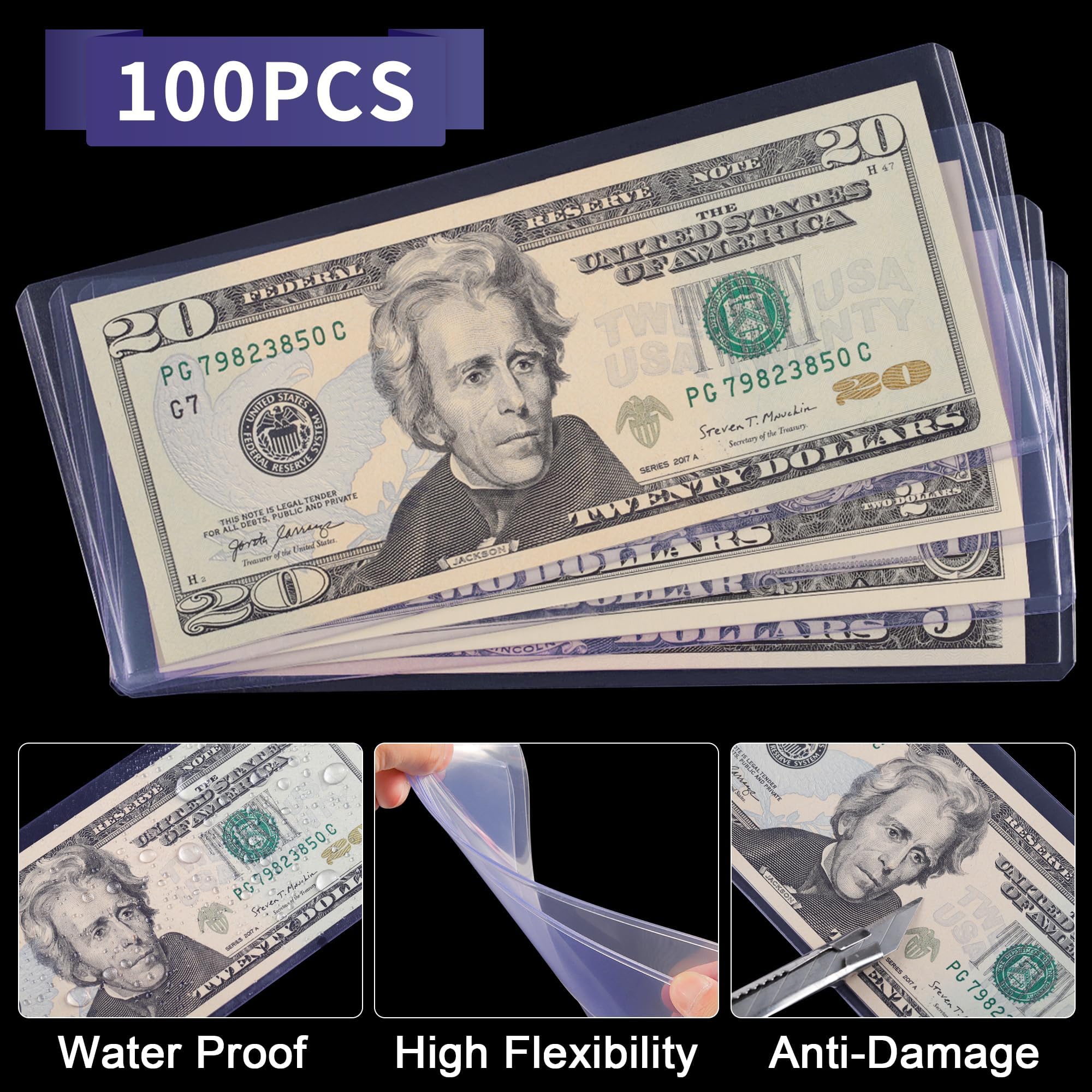 Uncle Paul Lot de 100 supports pour billets de banque - En PVC transparent - Pour billets de banque ordinaires - PN03L100