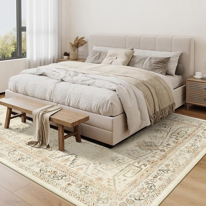Washable Area Rug 8x10, Area Rugs Stain Resistant Neutral Washable Rugs for Living Rooms Bedroom Vintage Non-Slip Thin Large Size Clearance Area Rug（BeigeBlue）