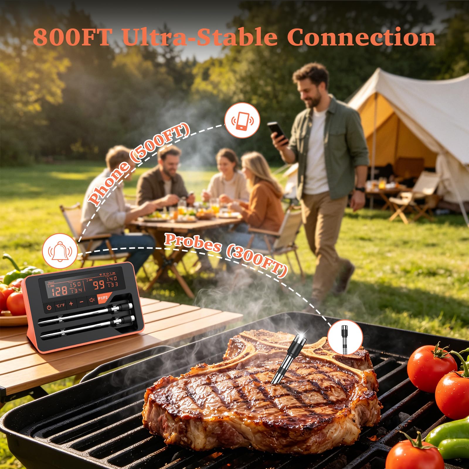 Bluetooth Wireless Meat Thermometer Digital for BBQ Oven Smoker Grill | 800FT Bluetooth Food Thermometer, Standalone Base, 2 Meat Probes, Dual Sensors, NIST Certified Accuracy