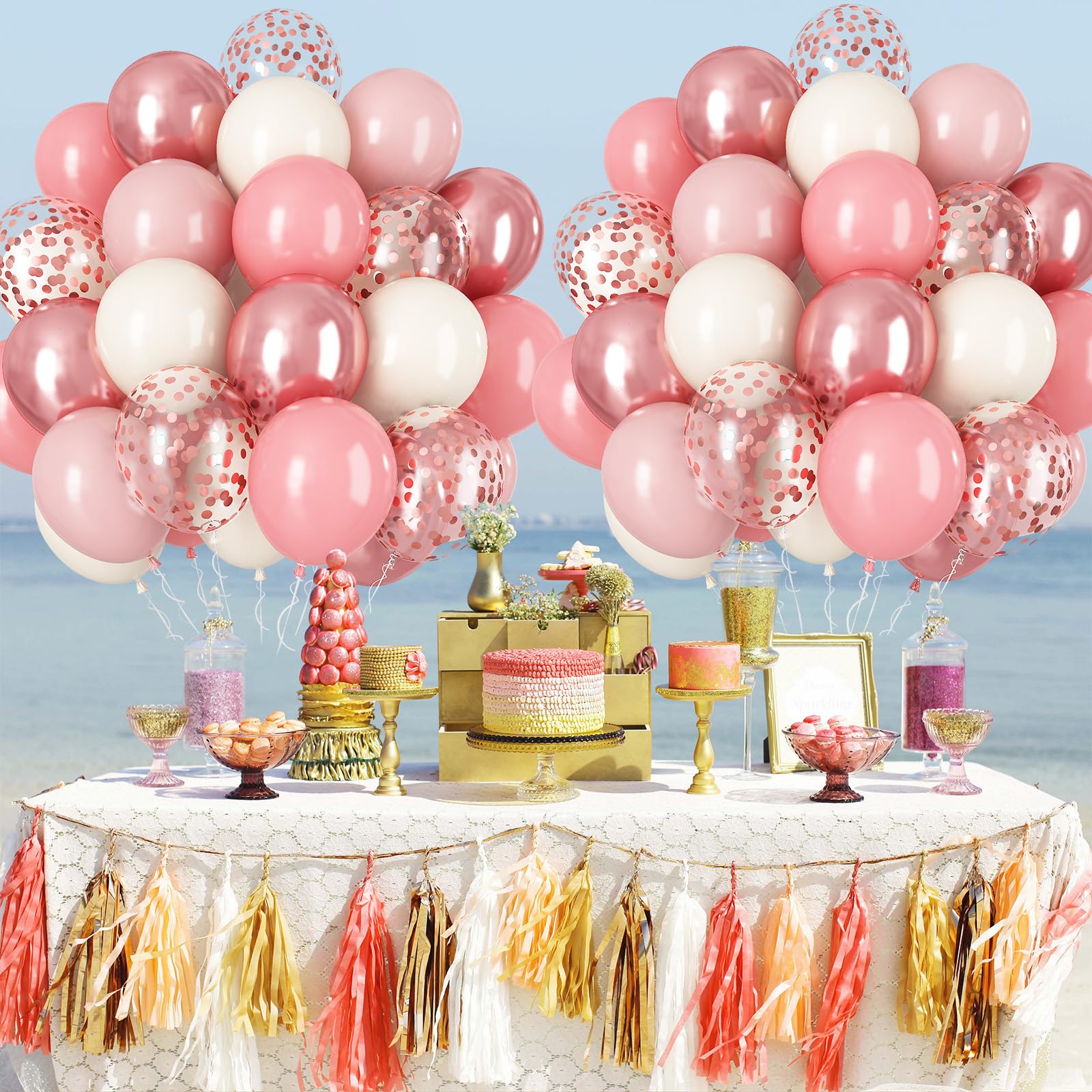 Luftballons Rosa Roségold, 60 Stück 12 Zoll Retro Pink Dusty Rosa Altrosa Weiß Sand Ballon mit Metallic Roségold Konfetti Latex Boho Ballon für Mädchen Geburtstag Party Bridal Babyparty Hochzeits Deko