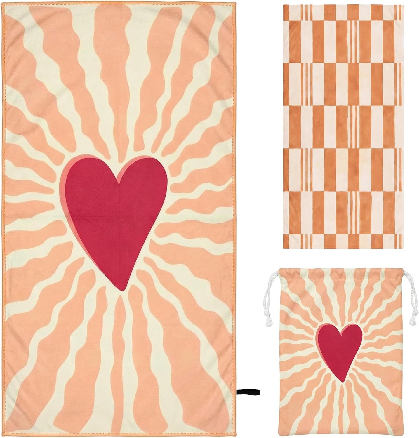 Microfiber Beach Towel Oversized w/Travel Bag, 71 * 36'' Double Print Quick Dry XL Beach Towels for Cruise Pool Yoga Gym Gift, Lightweight Absorbent Sandproof Beach Essentials, Boho Heart