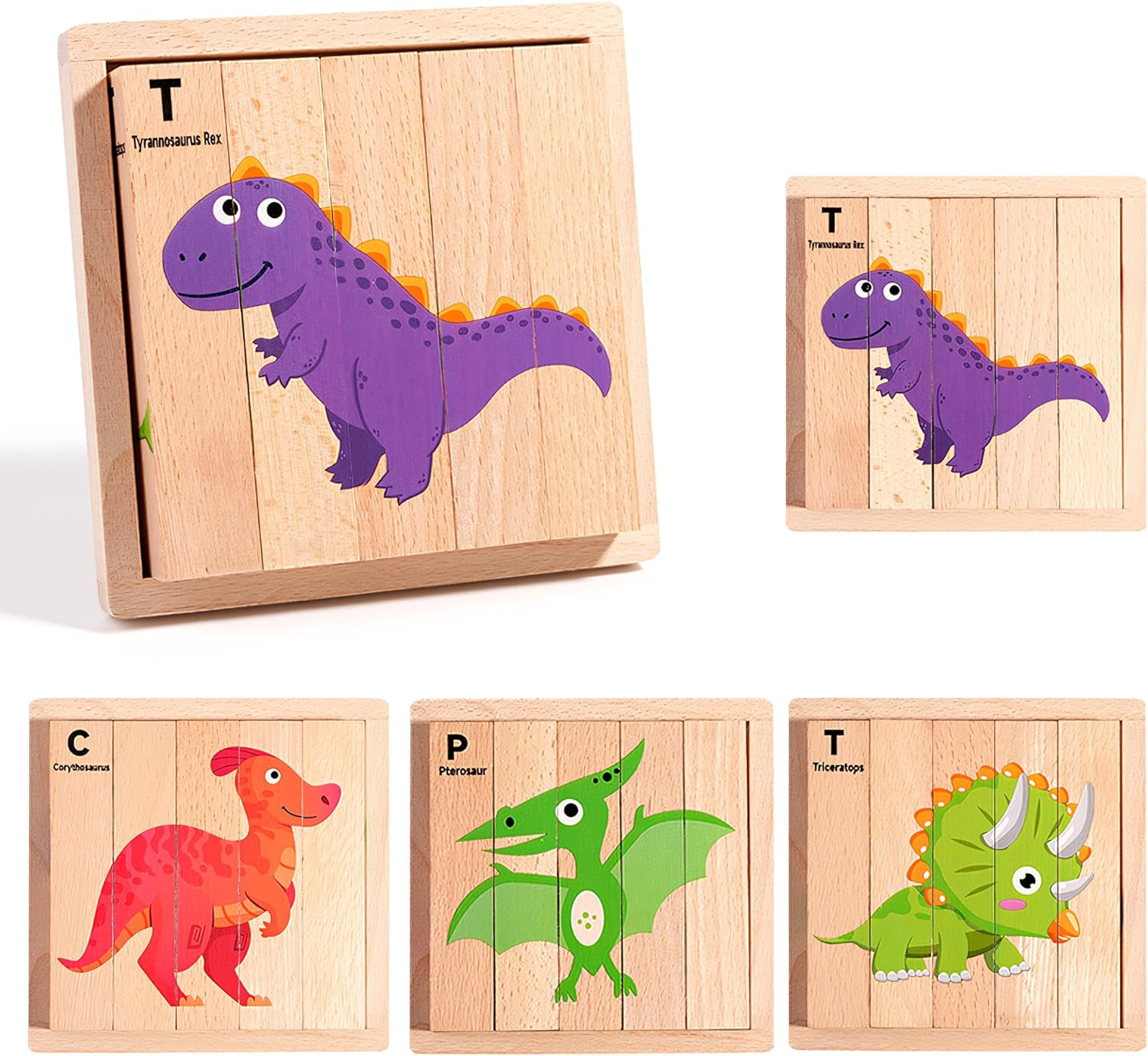 4 in 1 Montessori Wooden Puzzle Toy for Toddlers Ages 2 and Up – Educational Toys for Kids, Toddler Puzzle Toy for Early Learning & Fine Motor Development-Dinosaur