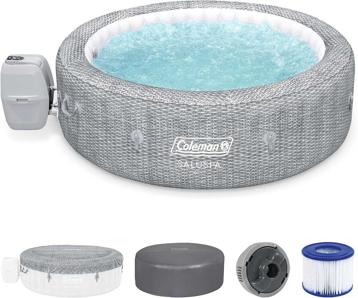 SaluSpa Sicily Energy-Efficient 5-7 Person Inflatable Hot Tub | Smart AirJet Portable Outdoor Spa with EnergySense Insulated Cover and 180 Massage Jets, 85" x 28"