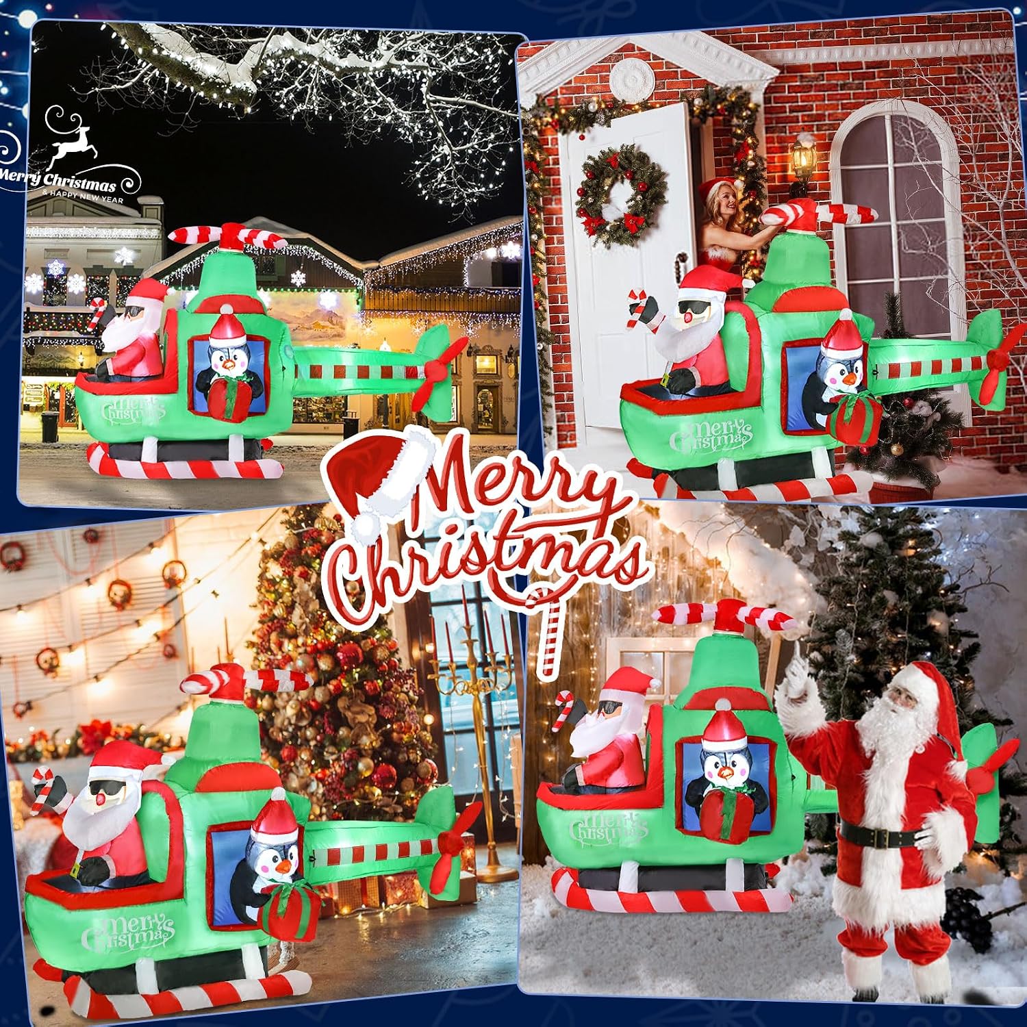Bshine Christmas Inflatable Outdoor Decorations, 6.4FT Santa Claus Flying Airplane Sign, Santa Helicopter Blower Up with LED Lighted Holiday Xmas Yard Decor for Outdoor Indoor Home Garden Lawn Decor