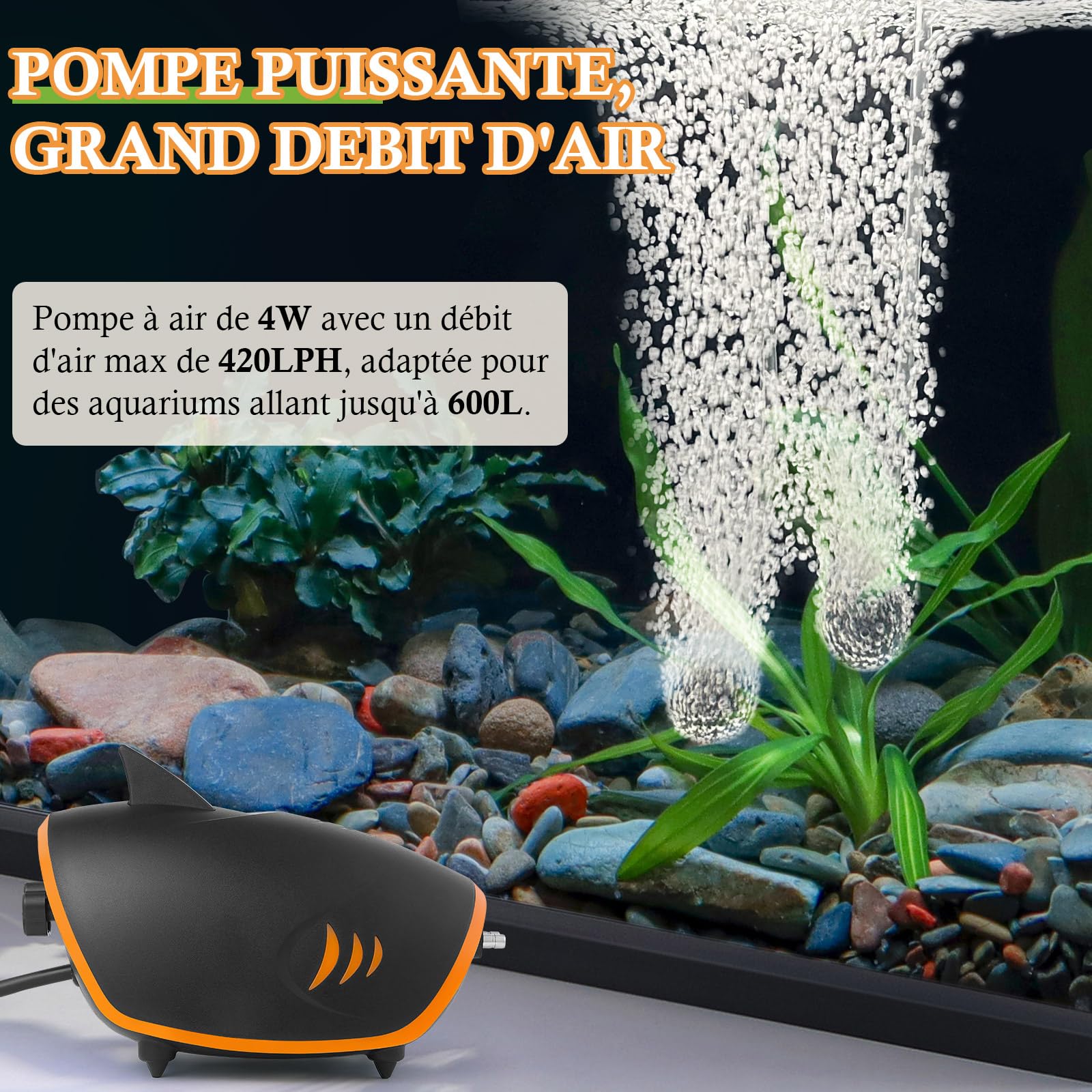 Pompe à Air Puissante pour Aquarium 420L/H, 4W Pompe à Oxygène Silencieux à 2 Sorties Métalliques avec Lumière LED, Pompe à Air Réglable pour Aquarium,pour Réservoir 30-600L