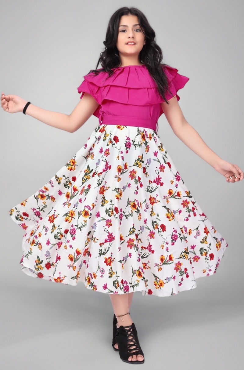 Aarya Girl's Ruffle Neck Printed Midi Length Dresses