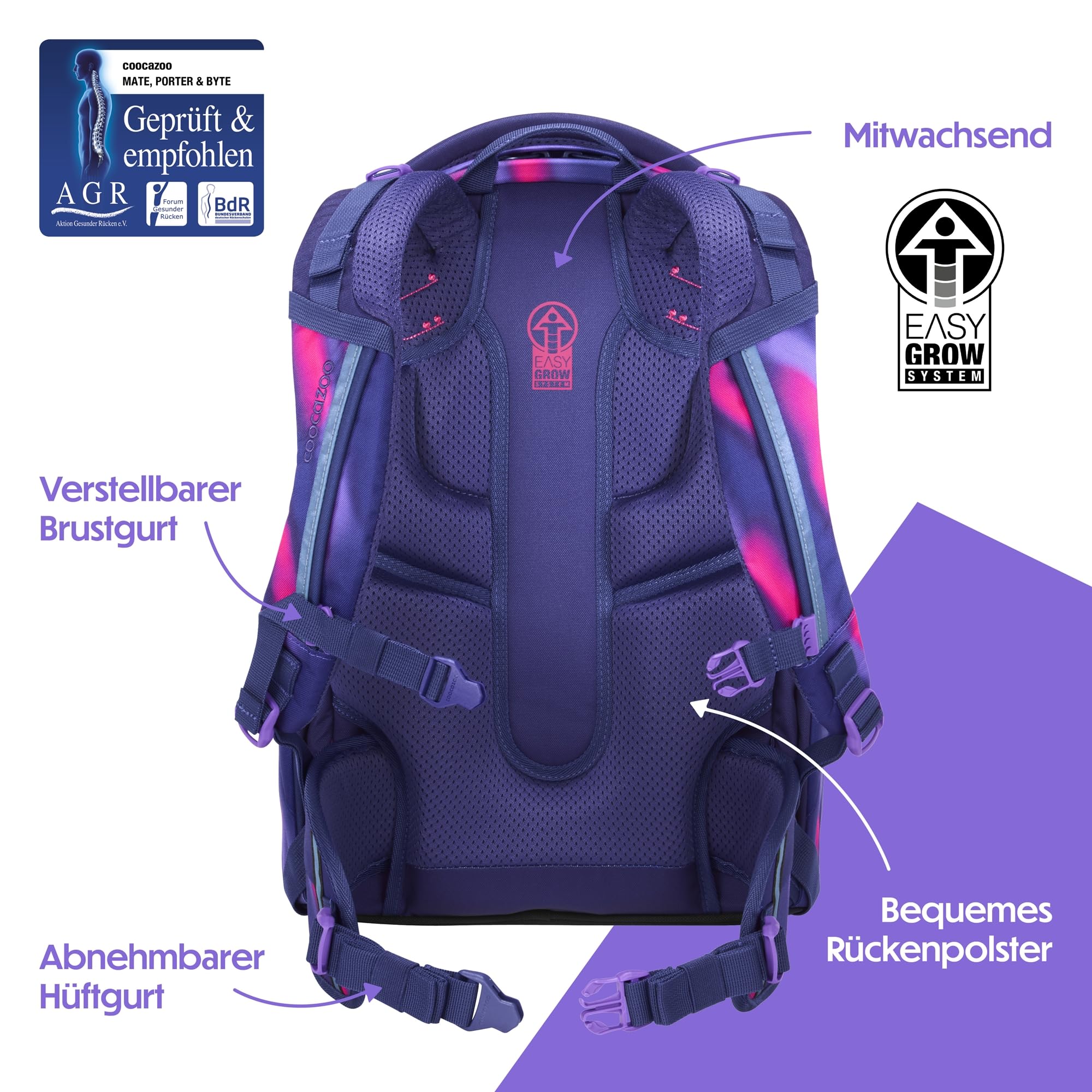 Coocazoo Mate - Zaino per la scuola, ergonomico, regolabile in altezza e dimensione, con cintura toracica e cintura in vita, Aurora Glow - Viola, Aurora Glow