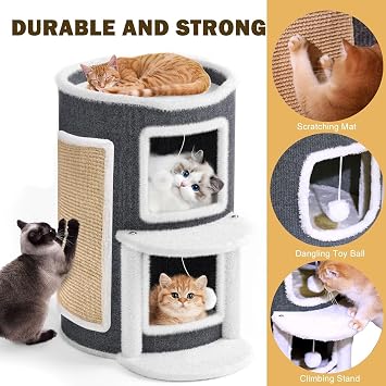 Clawsable Cat House, Semi Enclosed Cat Beds for Indoor Cats Hideaway, Large Cat Cave Bed with Scratch Pad, Pet Condo with Hanging Ball & Stair for Muti Kitten (Grey, 40X40X60CM)