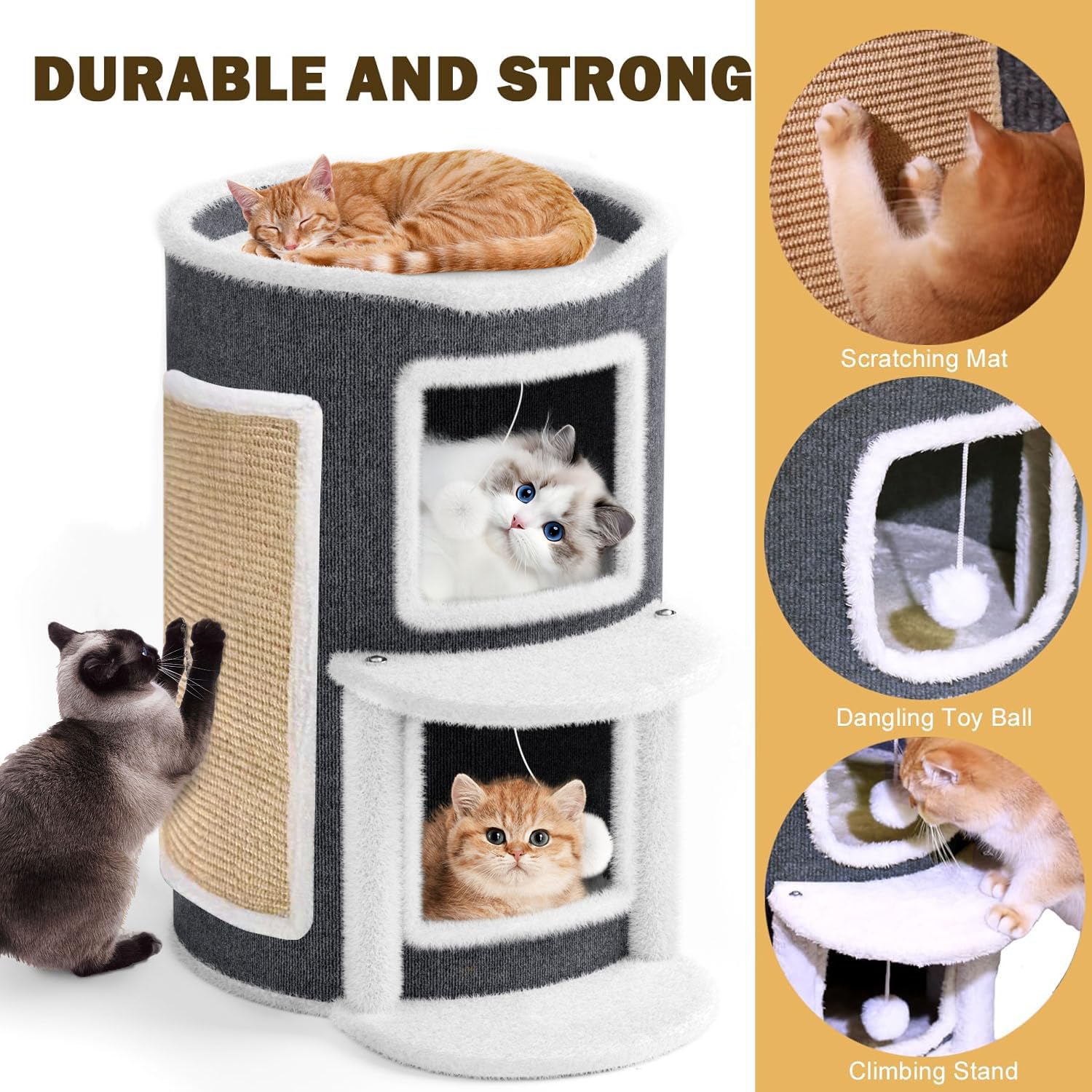 Katzenhöhle Katzenfass, Katzenhaus mit Kratzbrett für Indoor-Katzen,Kratzbaum Klein mit Plattform, Höhle Katzenverstec Katzentonne Katzenbett Katzenmöbel mit Spielball (Grau, 40X50X60CM)