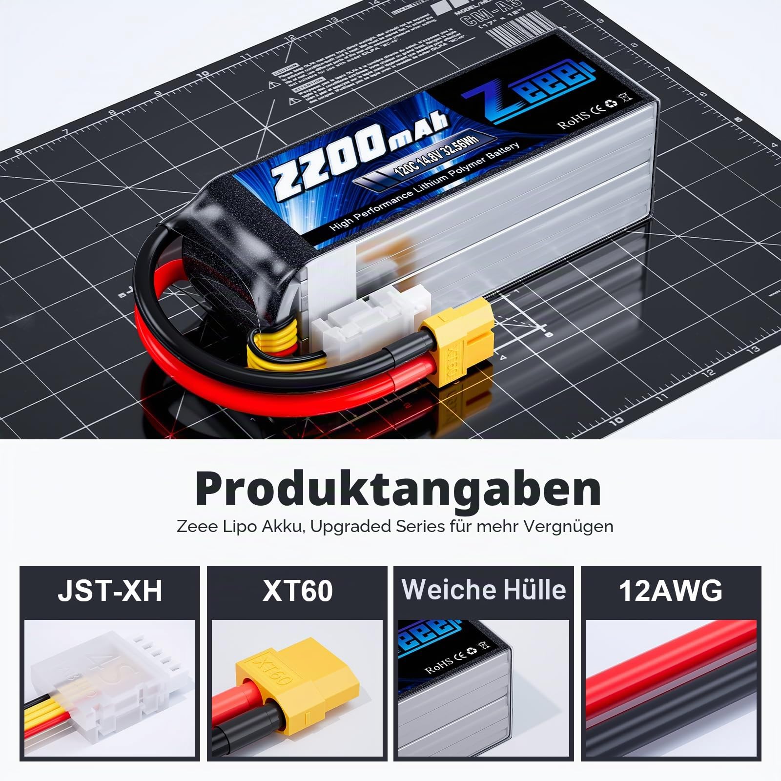 Zeee 4S Lipo Akku, RC Akku 14,8V 2200mAh 120C Lipo Batterien mit XT60 Stecker für UAV Drones FPV Rennrad Quadcopters Flugzeug Hubschrauber RC Boot RC Auto (2 Packungen)