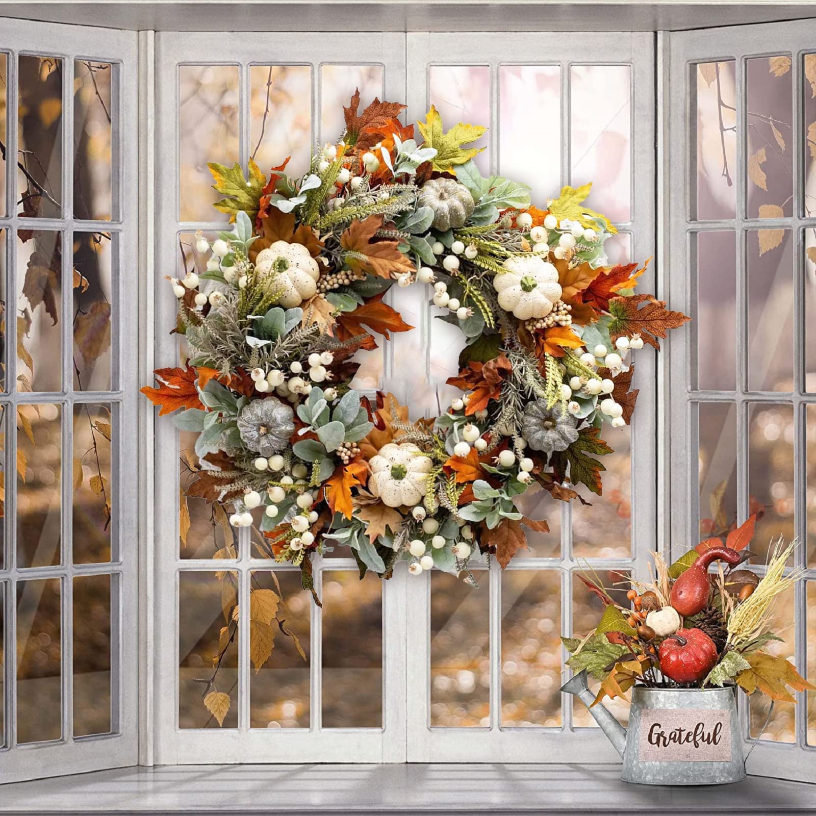 Herbstkranz 30cm Mit Weißen Kürbissen - Türkranz Mit Ahornblättern Für Herbstdeko