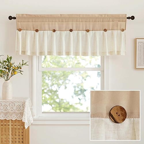 Miniatura 7 de NICETOWN 2 Panles 55 x 120 inches Long Grommet Thick Linen Window Curtains with 2 Panles 55 x 18 inches Length Button Farmhouse Short Valances for