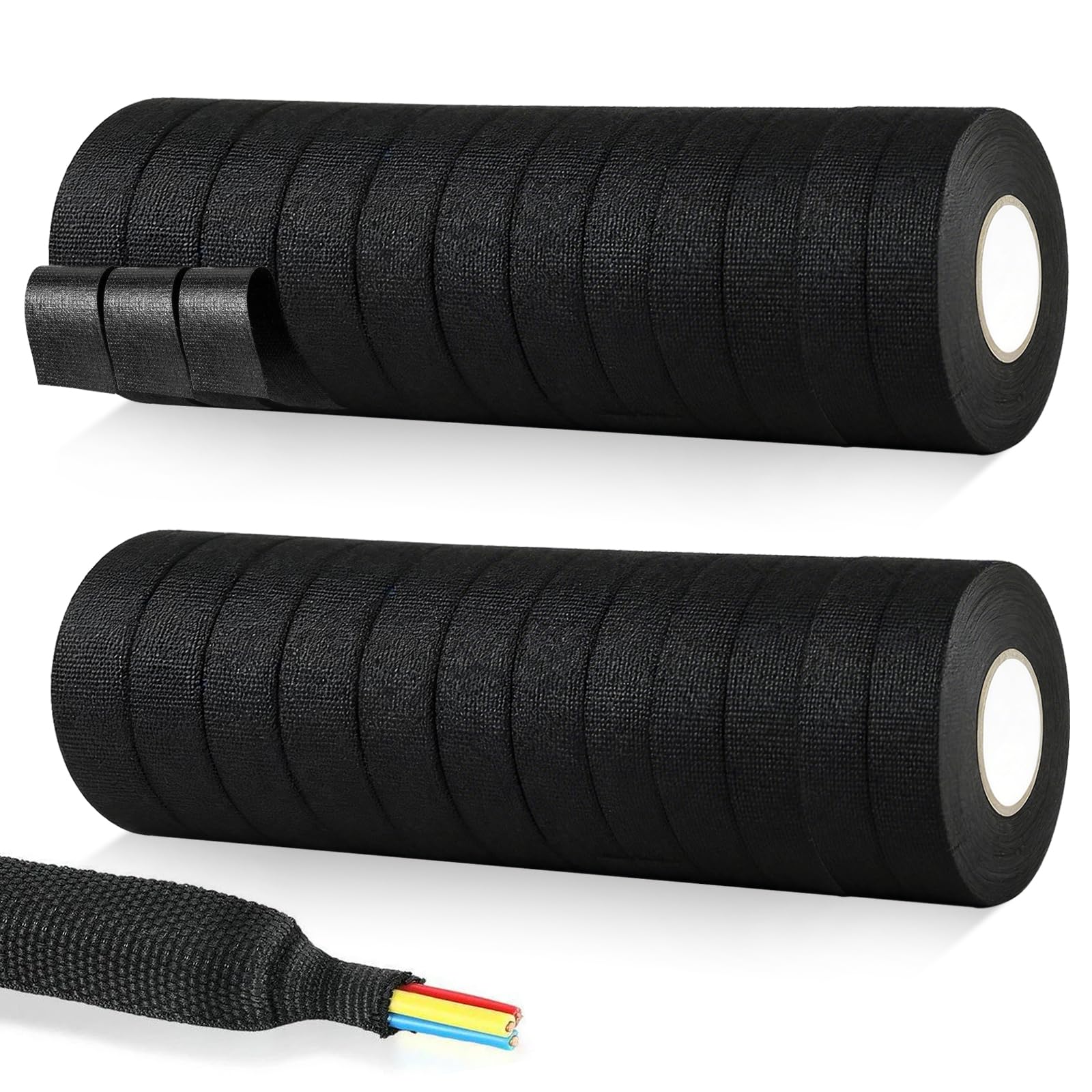 Akamino 24 Rolls Wiring Harness Loom Insulating Tapes,19mmx 15m Black Adhesive Cloth Fabric Wiring Looms, Heat Resistant Electrical Cable Tapes for Cars Auto Vehicle Motorcycle Cable Fixed