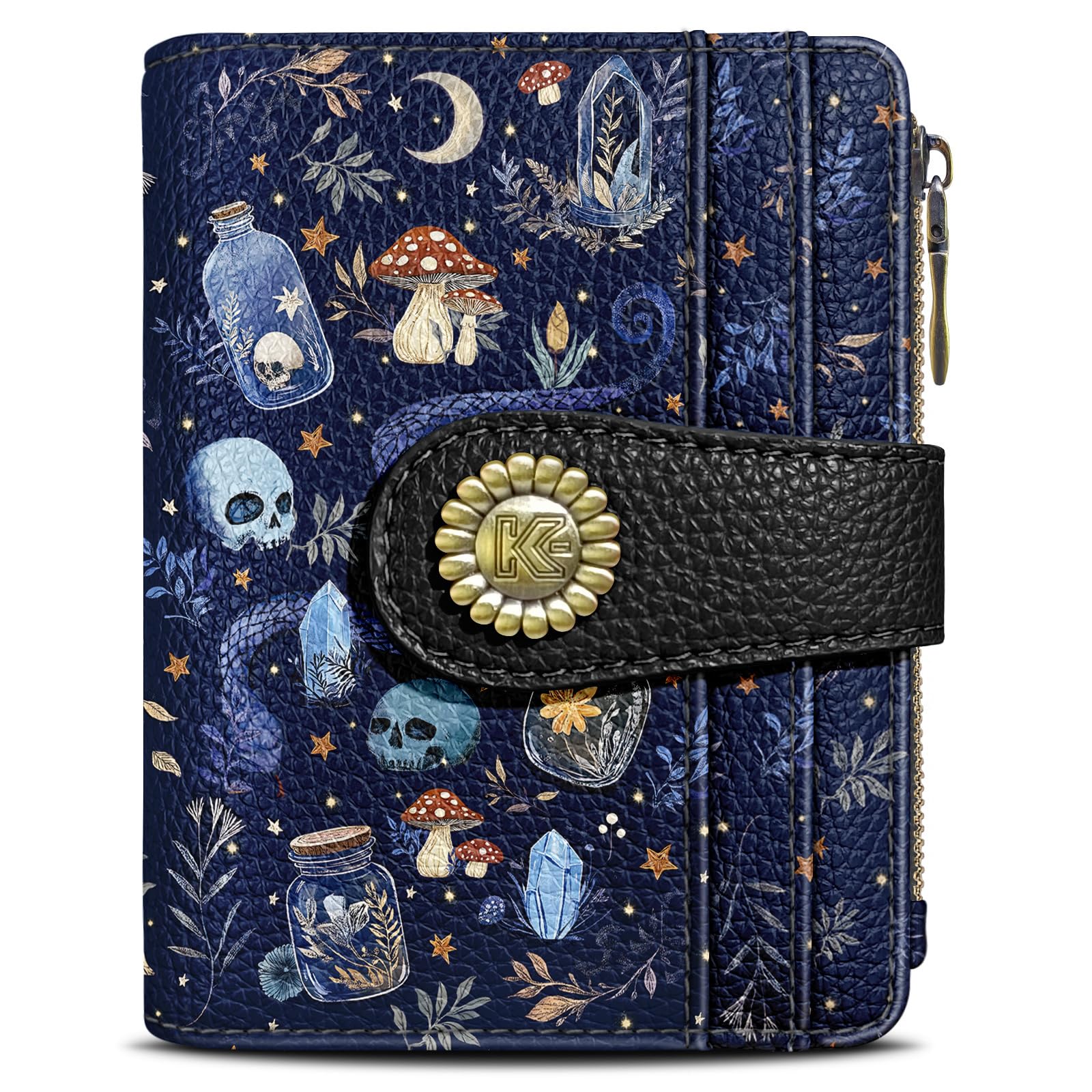 Kelvoris Skull Mushroom Snake Night Small Rfid Women Wallet Bifold Zipper Coin Pocket PU Leather Compact Cash Credit Card Holder Travel Wallet for