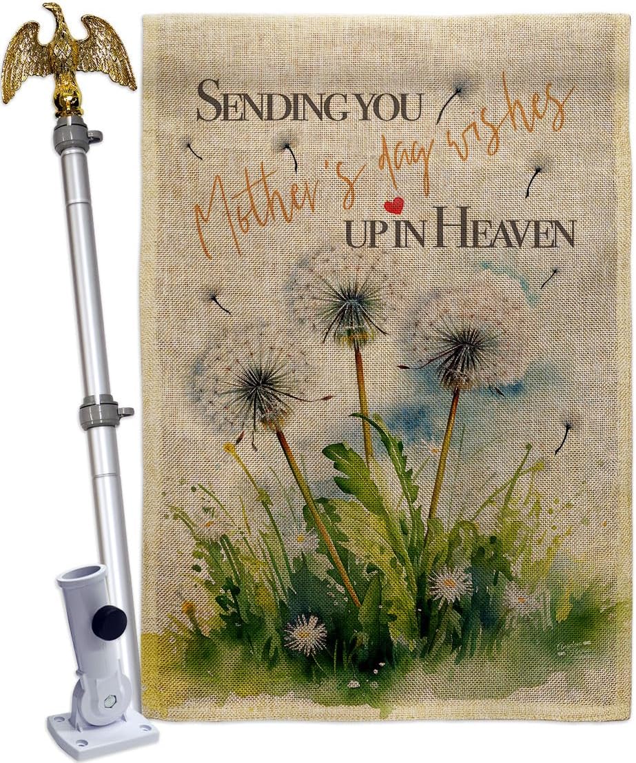 Happy Heavenly Mothers Day Burlap Flag Eagle Pole kit Burlap Wall Hanging Decor Home Porch Sending You Mother's Day Wish Up In Heaven Cemetery Decoration For Grave Garden Memorial Gifts Made In USA