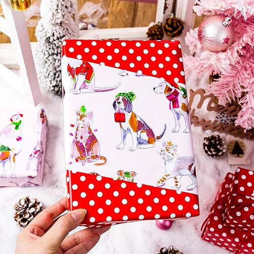 Miniatura 5 de MAYPLUSS Paquete de papel de regalo navideño rosa para mascotas, envoltorio navideño para perros y gatos, diseño de lunares con perritos y gatitos