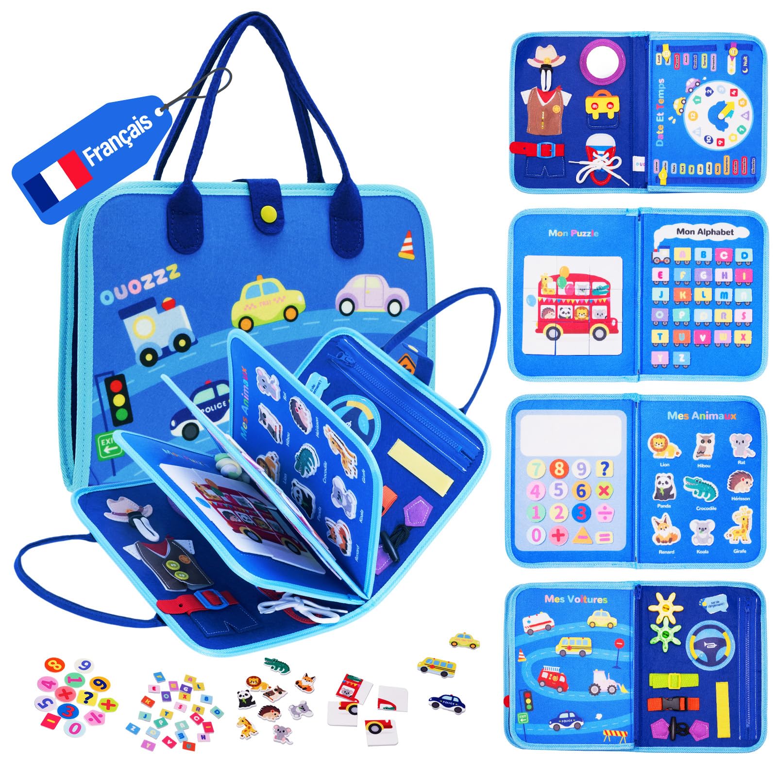 OUOZZZ Busy Board Montessori Voiture en Français – Jouet Éducatif 1 2 3 Ans – Apprentissage des Lettres, Chiffres et Compétences de Vie – Tableau d’Activité Bébé Voyage – Cadeau Fille Garçon