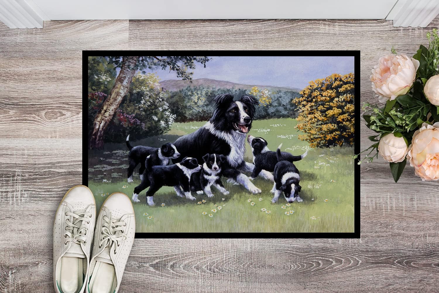 Caroline's Treasures BDBA0257JMAT Border Collie Puppies with Momma Doormat 24x36 Front Door Mat Indoor Outdoor Rugs for Entryway, Non Slip Washable Low Pile, 24H X 36W