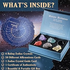 Faivykyd Scorpio Crystals Gifts for Women, 6 Scorpio Zodiac Healing Stones w/50 Miracle Mantras Affirmations Cards, Spiritual Gifts for Positive Energy, Self-Love & Wealth