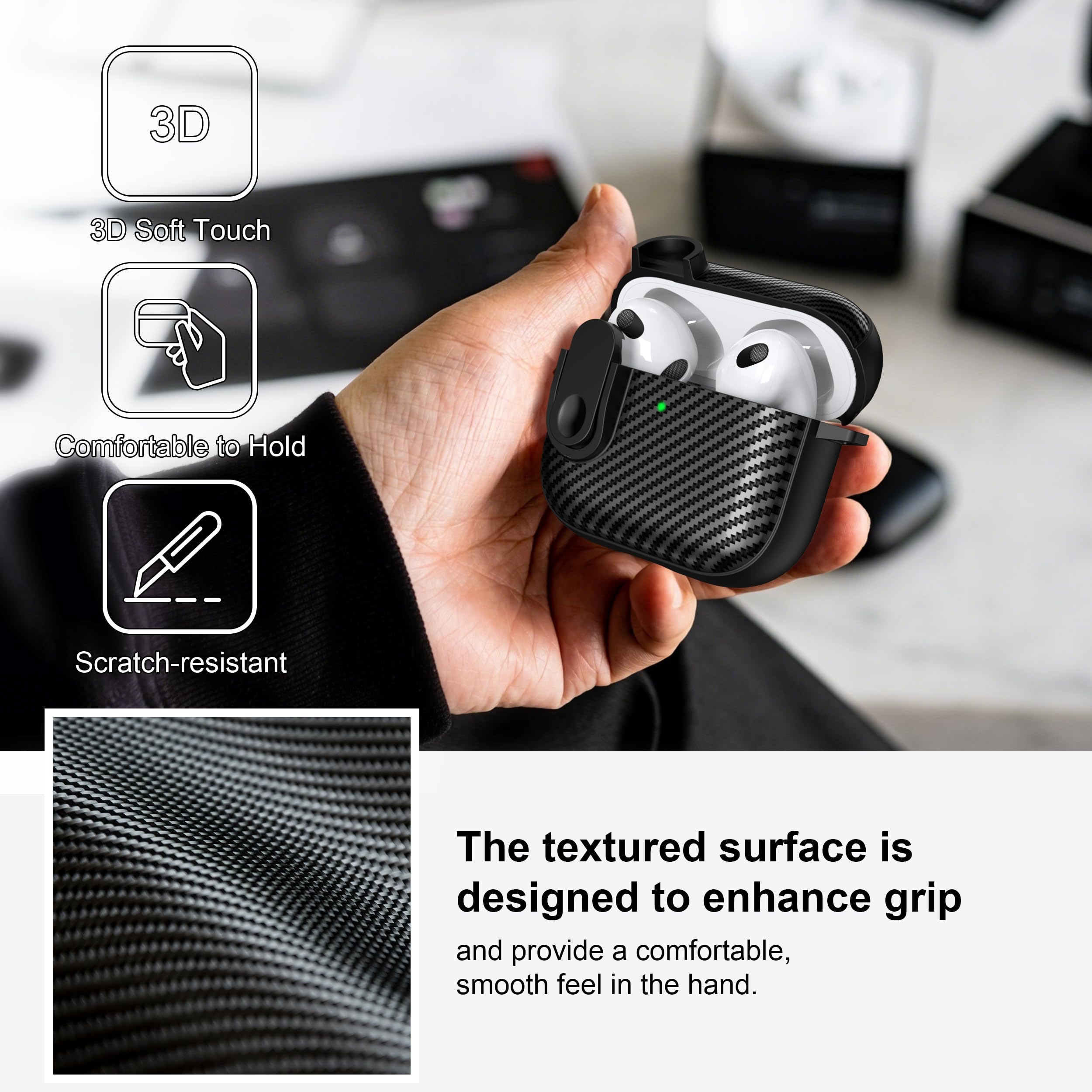 RFUNGUANGO for AirPods 3 Case Cover, Anti-Fall Lock Design, Powerful Drop Protection, Carbon Fiber Black for Apple AirPods 3rd Generation Charging Case(2021)- Black