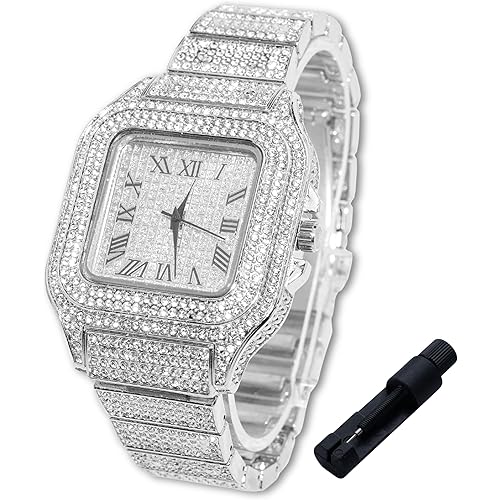 Halukakah Diamonds Watch Iced Out for Boy Teens Kids - 18K Real Gold/Platinum/Rhodium Black Plated,40mm Square Dial,Japanese Quartz - 8" Length - Optional with Cuban Link Chain,with Adjuster Tool