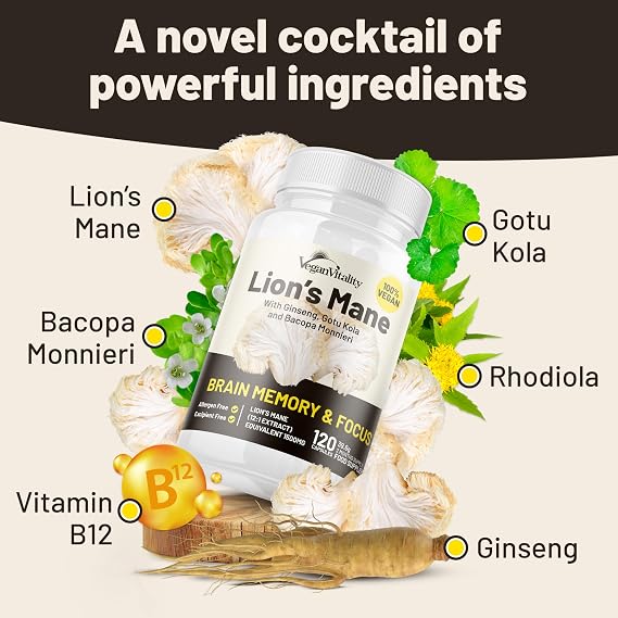 Vegan Vitality Lions Mane Supplement Capsules - Nootropic Brain Support Supplement, Lions Mane Mushroom Extract Capsules - 120 Vegan Bacopa Monnieri, Gotu Kola, Ginseng