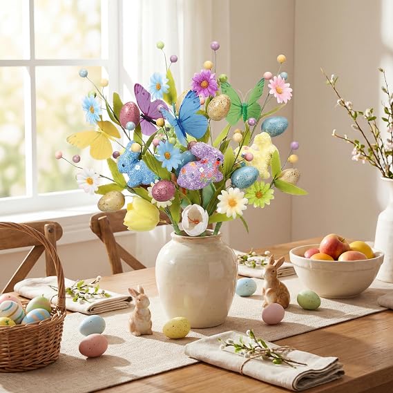Lyrow 8 Pack Easter Eggs Floral Picks with Flowers, Artificial Plant Decor, 16 inch Berry Picks Stems with Eggs for Spring Easter Decor Table Centerpieces Gifts(Rabbit)