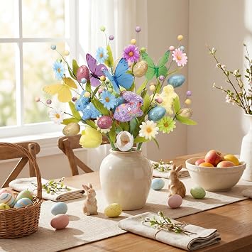 Lyrow 8 Pack Easter Eggs Floral Picks with Flowers, Artificial Plant Decor, 16 inch Berry Picks Stems with Eggs for Spring Easter Decor Table Centerpieces Gifts(Rabbit)
