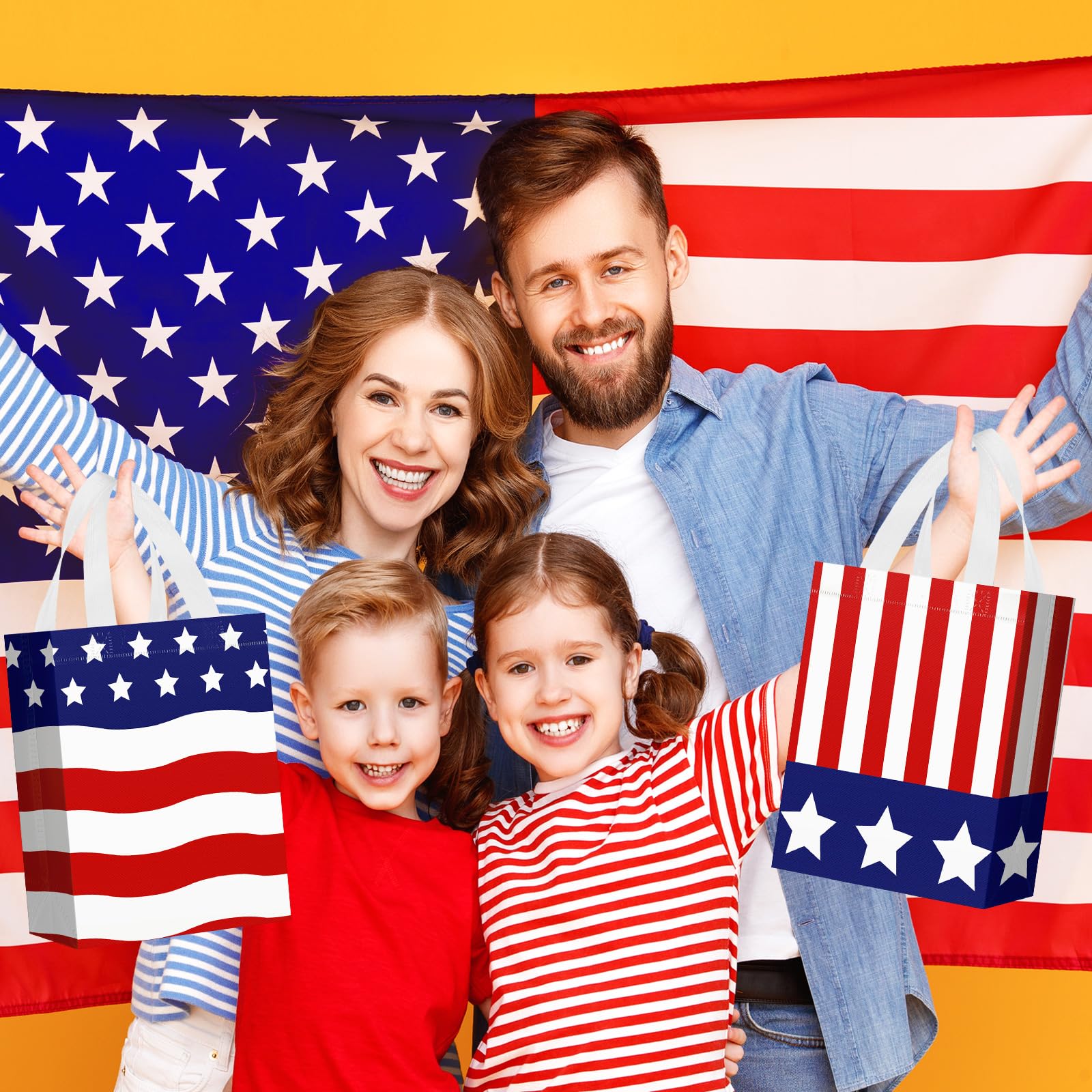 Locmeo 24 Pcs 4th of July Patriotic Party Favor Bags with Handles Reusable Non Woven American Flag Goodie Bags Independence Day Gift Bag for Girl Boy Birthday Memorial Party Supplies, 8 x 4 x 10 Inch