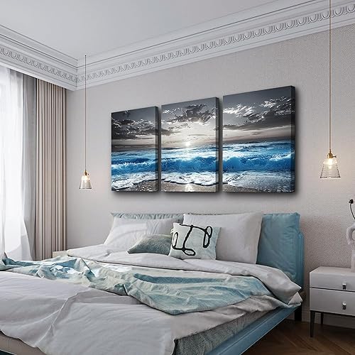 Miniatura 6 de TTHYUEWS Arte de pared de playa para sala de estar, lienzo para decoración de pared para dormitorio, oficina, pinturas de olas de mar azules,