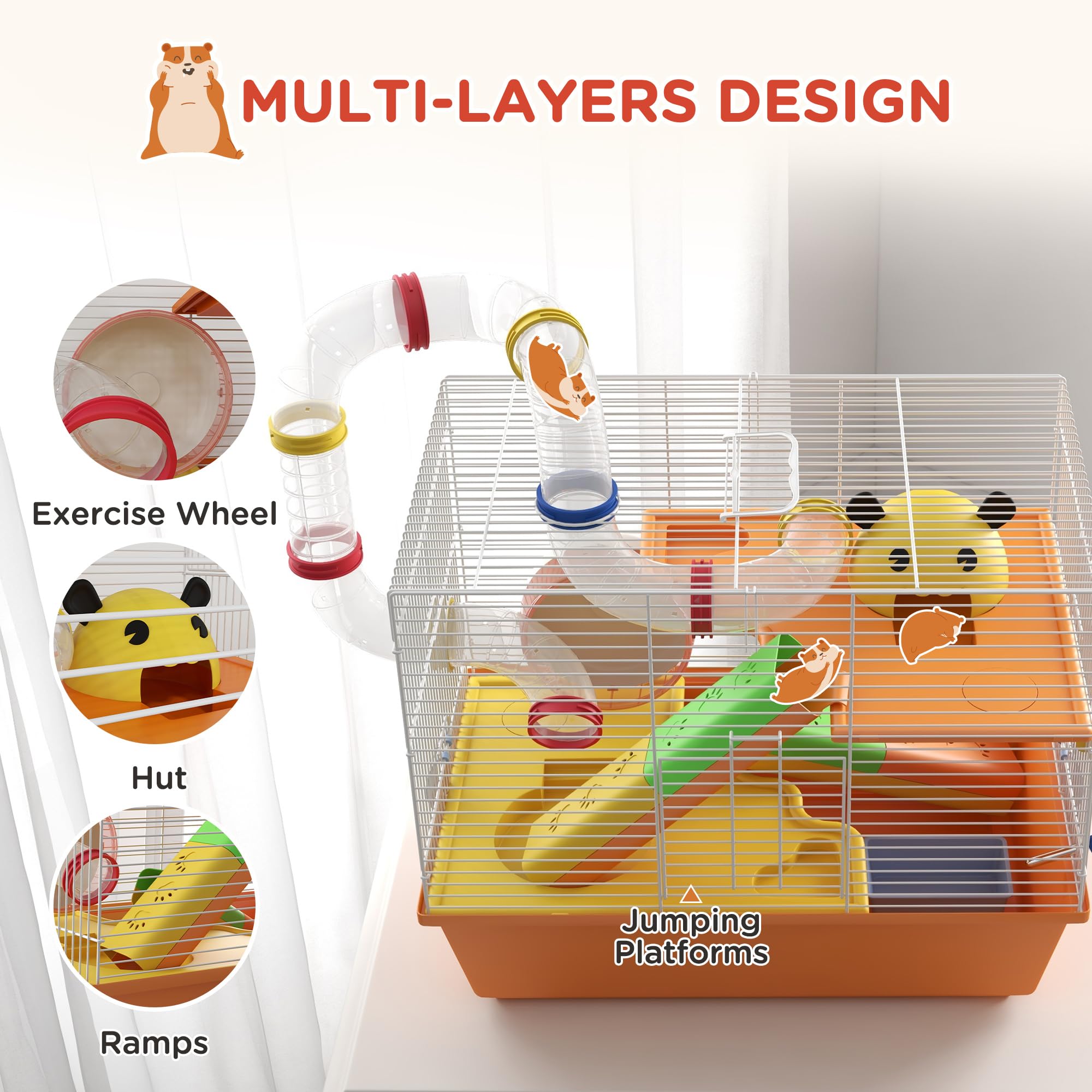 PawHut Hamster Cage, 3 Tiers Gerbil Cage for Dwarf Hamsters with Tubes Ladder, Black, 49 cm L x 33 cm W x 17 cm H - Image 4
