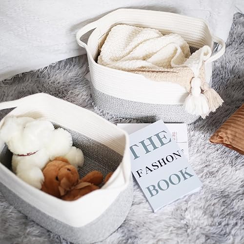 Miniatura 5 de Cesta tejida de cuerda de algodón de 15 x 10 x 9 pulgadas, cesta de almacenamiento grande con asas para organizar, contenedores de almacenamiento