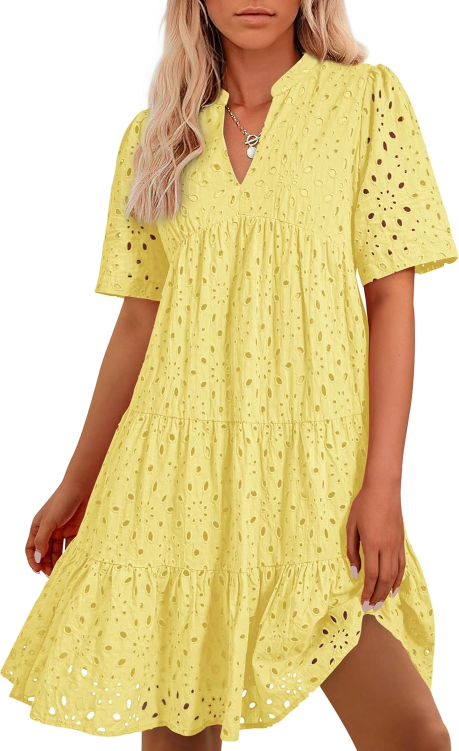 BTFBM Womens Boho Summer Dresses 2026 Spring V Neck Short Sleeve Hollow Out Lace Ruffle Casual Beach Mini Vacation Dress