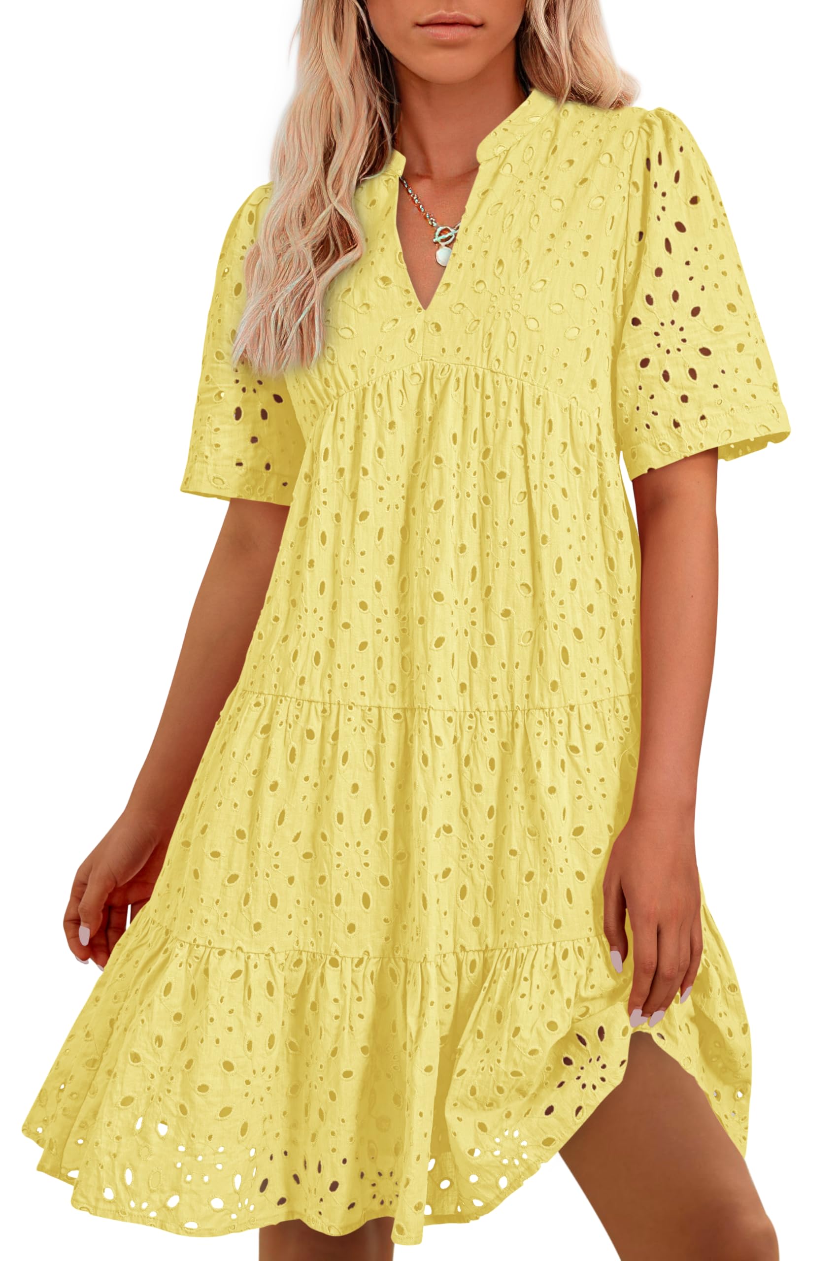 BTFBM Womens Boho Summer Dresses 2026 Spring V Neck Short Sleeve Hollow Out Lace Ruffle Casual Beach Mini Vacation Dress